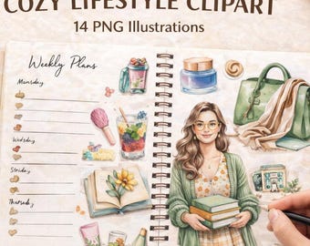Cozy Lifestyle Girls Clipart: Reading Coffee Study Illustration Set (Digital Download)