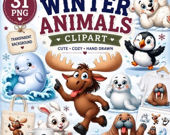 Arctic Animals Clipart Bundle: Polar Penguin Seal Walrus Watercolor PNG Designs (Digital Download)