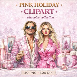 Pink Winter Watercolor Clipart: Glam Cozy Holiday Elements for Seasonal Designs (Digital Download)