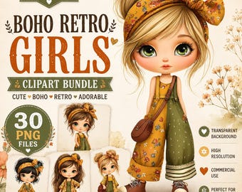 Boho Retro Girls Clipart Bundle: Vintage Doll Characters PNG Designs (Digital Download)