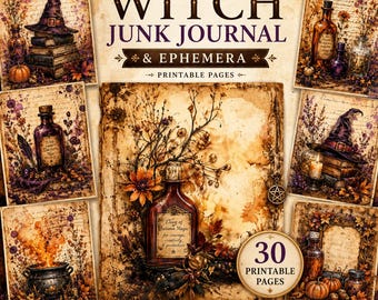 May include: A collage of vintage-style printable pages with a witchy theme. The central image features a bottle labeled "Elixir of Autumn Magic." Other images include a witch's hat, potion bottles, pumpkins, and the text "Witch Junk Journal & Ephemera."