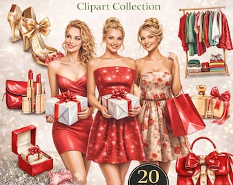 Christmas Fashion Girl Clipart: Glam Holiday Illustrations (Digital Download)