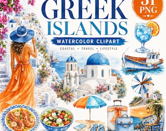 Greek Islands Watercolor Clipart: Mediterranean Summer Coastal PNG Designs (Digital Download)