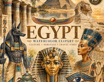 Egypt Watercolor PNG Clipart: Ancient Pharaohs Hieroglyphics and Mythology Designs (Digital Download)