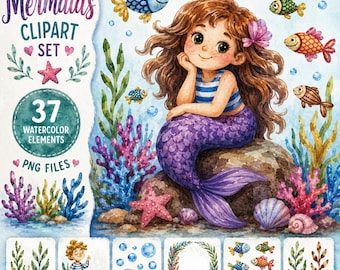Conjunto de imágenes prediseñadas de sirenas: adorables elementos submarinos en acuarela para manualidades infantiles (descarga digital)
