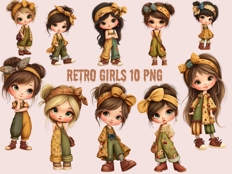 Retro Girl Clipart Bundle: Vintage Boho Character PNG Set for DIY ...