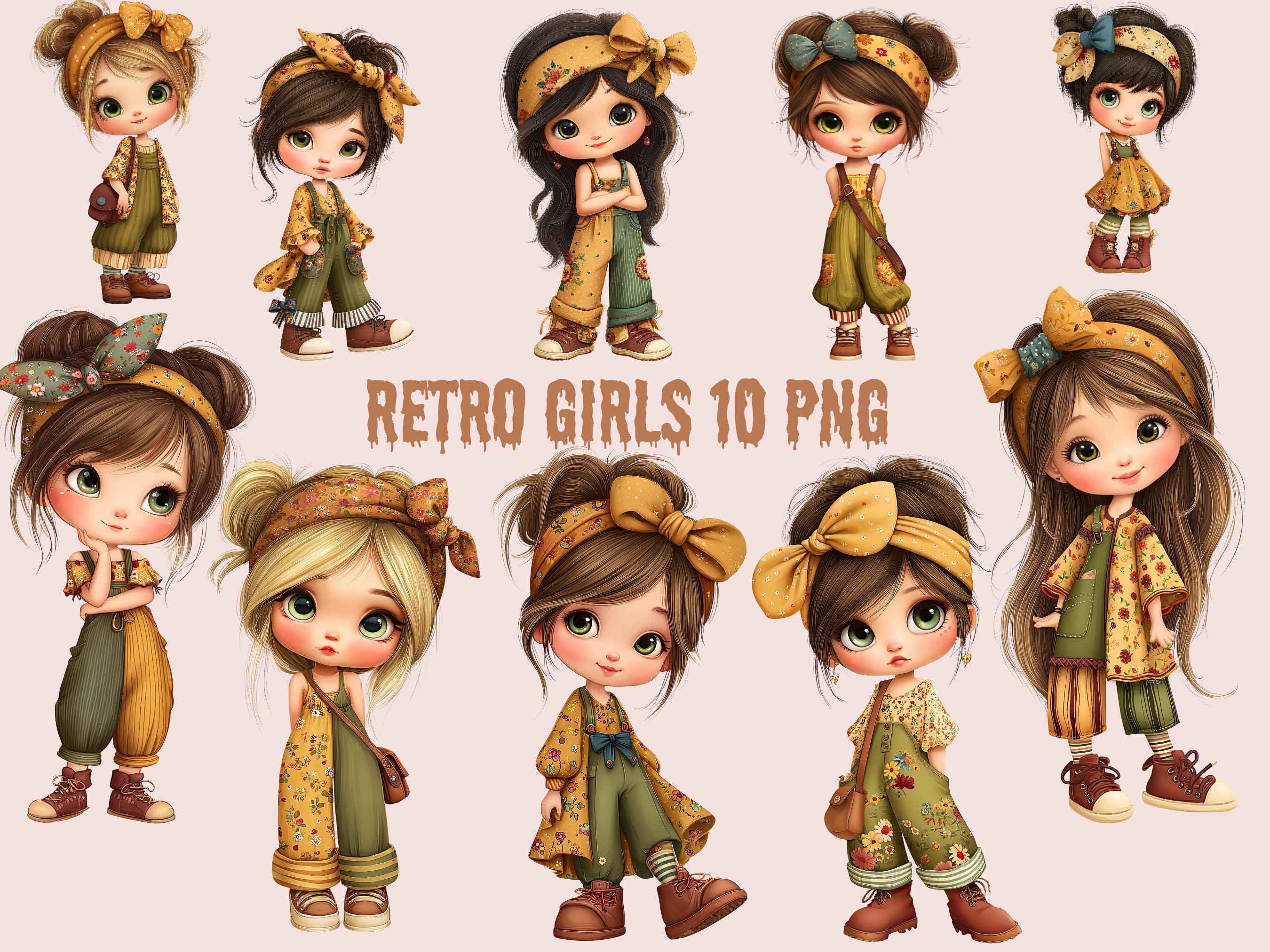 Retro Girl Clipart Bundle: Vintage Boho Character PNG Set for DIY ...