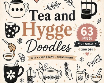Thee en hygge doodles clipartbundel voor Cosy Home Projects (digitale download)