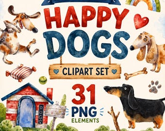 Happy Dogs Watercolor Clipart: Playful Puppies, Dog House, Bones (Digital Download)