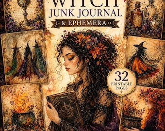 May include: A digital collage featuring a woman with long dark hair and autumn leaves, holding a book. The image includes illustrations of potion bottles, cauldrons, and witches. Text reads "Witch Junk Journal & Ephemera" and "32 Printable Pages."