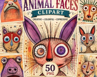 Abstract Animal Faces Clipart: Whimsical Folk Art Animal Portrait Bundle (Digital Download)