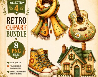Może przedstawiać: Zestaw retro clipartów z gitarą, szalikiem, trampkami i domem. Gitara jest ozdobiona kwiatami i znakami pokoju. Trampki są żółte z czerwoną gwiazdą. Tekst brzmi "Retro Clipart Bundle" i "8 PNG Files."