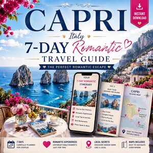 May include: A digital travel guide for Capri, Italy, featuring a 7-day romantic itinerary. The graphic displays a scenic coastal view, a smartphone showing itinerary details, and two printed cards detailing a boat tour and an island map.