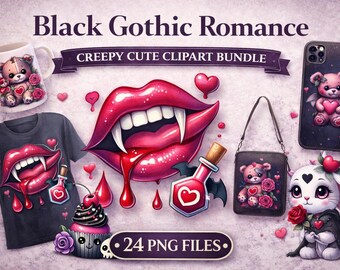 Clipart di romanticismo gotico nero: personaggi d'amore inquietanti in formato PNG (download digitale)
