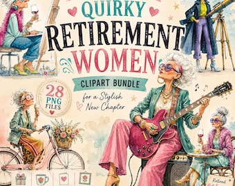 Quirky Retirement Women Clipart: Funny Stylish Senior Ladies PNG Bundle (Digital Download)