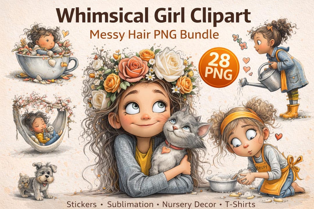 Whimsical Girl Clipart PNG Collection: Hand Drawn Character ...