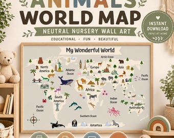 Animal World Map Wall Art: Neutral Nursery Printable Educational Decor (Digital Download)