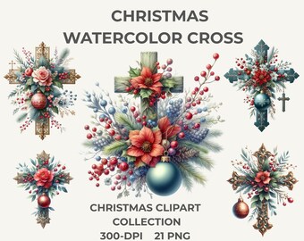 Christmas Watercolor Cross Clipart: Religious Floral PNG Set for Faith  Winter Designs (Digital Download)