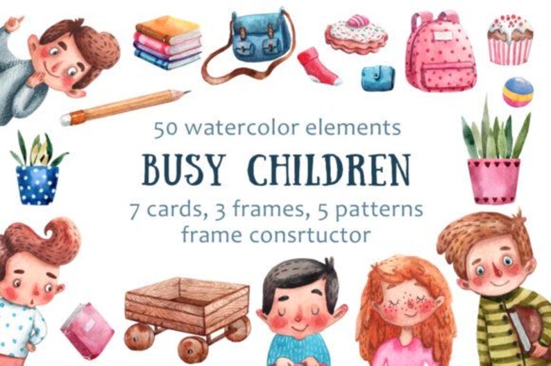 Kids Watercolor Clipart Bundle: Busy Children School Elements Printable ...