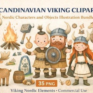 Scandinavian Viking Clipart: Nordic Characters and Objects Illustration Bundle (Digital Download)