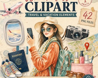 Travel Clipart PNG Set: Wanderlust Vacation Elements Collection (Digital Download)
