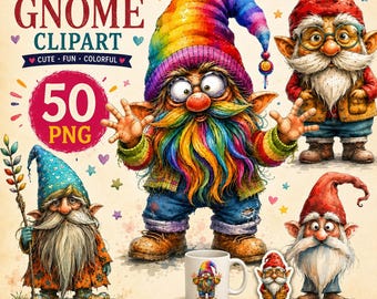May include: A whimsical gnome clipart set featuring five colorful gnome illustrations. The gnomes have long beards, pointed hats, and are in various poses. The image includes text that reads "WHIMSICAL GNOME CLIPART" and "50 PNG".