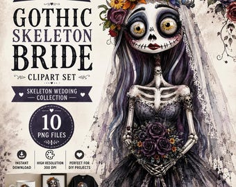 May include: A digital clipart bundle featuring a Gothic Skeleton Bride. The image shows a watercolor illustration of a skeleton bride in a dark gown, holding a bouquet. The set includes 10 PNG files, perfect for DIY projects. The text reads "Gothic Skeleton Bride Clipart Set".