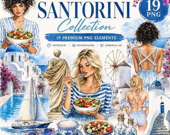 Santorini Watercolor Clipart: Greek Island Summer Travel PNG Designs (Digital Download)
