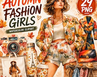 Imágenes prediseñadas de chicas de moda otoñal: Conjunto de ilustraciones PNG de atuendos otoñales en acuarela (descarga digital)