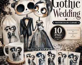 Gothic Wedding Clipart: Dark Romantic Bride and Groom Illustration Set (Digital Download)