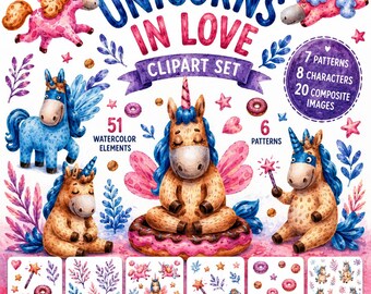 Puede incluir: Un conjunto de imágenes prediseñadas de acuarela titulado "Unicorns in Love" con ilustraciones de unicornios en azul, rosa y marrón. El conjunto incluye 51 elementos de acuarela, 7 patrones, 8 personajes y 20 imágenes compuestas. El texto dice "PNG de alta calidad".