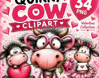Immagini clipart di mucche originali: disegni PNG di animali per San Valentino (download digitale)