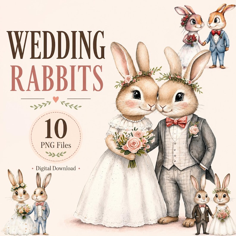 May include: Watercolor illustration of wedding rabbits featuring a bride in a white lace dress with a floral crown and bouquet, and a groom in a gray suit with a red bowtie. Text reads WEDDING RABBITS, 10 PNG Files, and Digital Download.