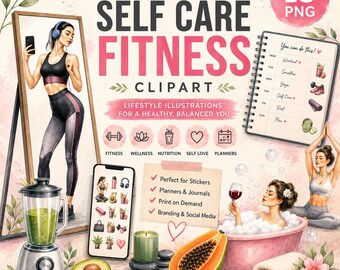 Clipart de autocuidado y fitness: Pegatinas para agenda de bienestar y estilo de vida para chicas (descarga digital)