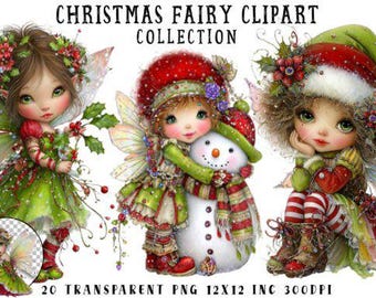 May include: A digital illustration featuring three Christmas fairies. The fairies have large eyes, wings, and are dressed in festive attire. One fairy holds holly, another embraces a snowman, and the third wears a Santa hat. Text reads "CHRISTMAS FAIRY CLIPART COLLECTION".
