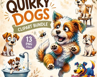 Quirky Dogs Clipart: Funny Cartoon Dog PNG Bundle for Stickers and Crafts (Digital Download)