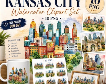 Kansas City Watercolor Clipart: USA City Illustration Travel Posters Scrapbooking Printable Art (Digital Download)