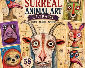 Abstract Surreal Animal Faces Clipart: Whimsical Folk Art PNG Bundle (Digital Download)