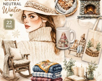 Gemütliche Neutral Winter Clipart: Warme Hygge Winter-Elemente PNG Sammlung (digitaler Download)
