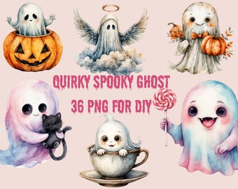 Kawaii Ghost Clipart | 36 Halloween PNG Illustrations (Digital Download)