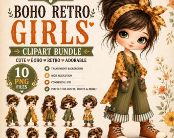 Boho Retro Girls Clipart Bundle: Vintage Doll Characters Set 2 PNG Designs (Digital Download)
