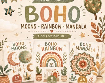 Boho Clipart Bundle: Moons Rainbow Mandala PNG Set (Digital Download)
