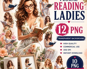 Floral Reading Girls Clipart: Vintage Book Lover Women Illustration Set (Digital Download)