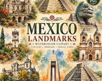 Mexico Landmarks Watercolor Clipart: Ancient Temples Historic Architecture (Digital Download)