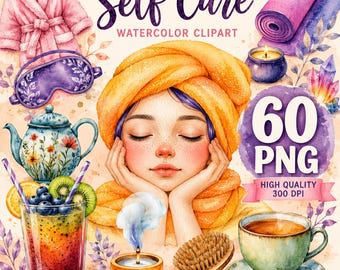 Self Care Watercolor Clipart: Cozy Wellness Spa Lifestyle Objects PNG Bundle (Digital Download)