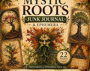 Pode incluir: Um pacote digital de diário de lixo e efêmeras intitulado "Mystic Roots". O design apresenta uma ilustração central de um homem verde com barba de raízes e uma coroa de folhas, rodeado por ilustrações botânicas vintage de árvores. O pacote inclui 22 páginas.