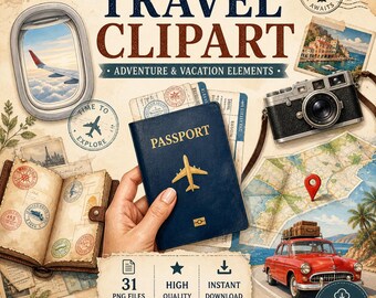 Travel Essentials PNG Clipart: Vintage Journey Elements Set for Scrapbook, Planner Design (Digital Download)