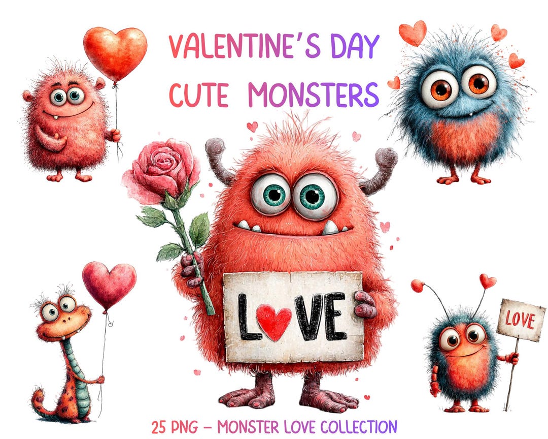 Valentines Day Monster Clipart: Love Monsters for Cards, Stickers and ...