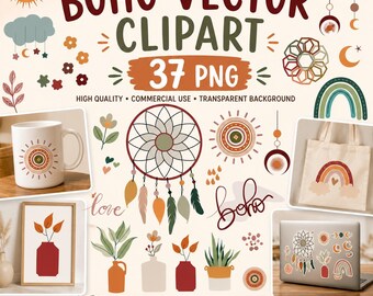 Imágenes prediseñadas vectoriales Boho: Paquete de elementos abstractos Boho en formato PNG (descarga digital)
