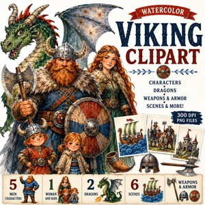 May include: Watercolor Viking Clipart featuring characters, dragons, weapons, armor, and scenes. The image includes illustrations of Vikings, a dragon, and children, along with various Viking-themed elements. The text includes "WATERCOLOR VIKING CLIPART" and "300 DPI PNG FILES."